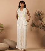 Beige street style linen coord set with bell bottom style pants