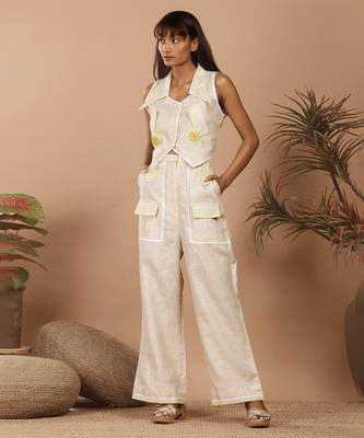 Beige street style linen coord set with bell bottom style pants 3