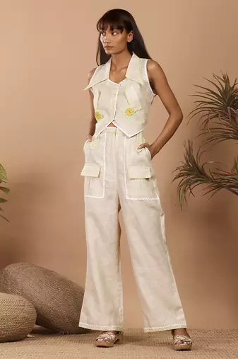 Beige street style linen coord set with bell bottom style pants
