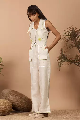 Beige street style linen coord set with bell bottom style pants