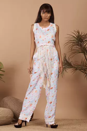 Off white abstract printed fringes coord set