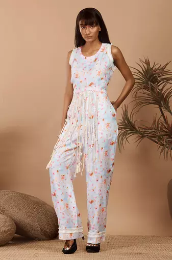 Off white abstract printed fringes coord set