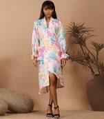 Off white botanical print scallop dress with a belt attached for tie up
