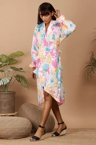 Off white botanical print scallop dress with a belt attached for tie up