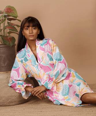 Off white botanical print scallop dress with a belt attached for tie up 3