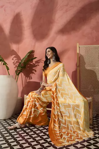 Radiant Orange Ombre Printed Satin Saree