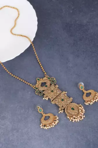 Antique gold-plated temple necklace set with intricate pendant