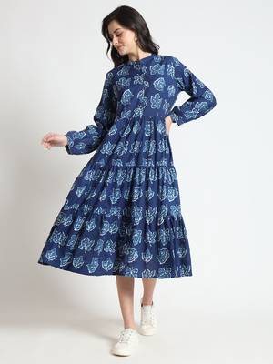 blue floral print cotton fabric flared dress 1