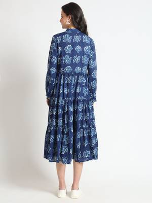 blue floral print cotton fabric flared dress 2