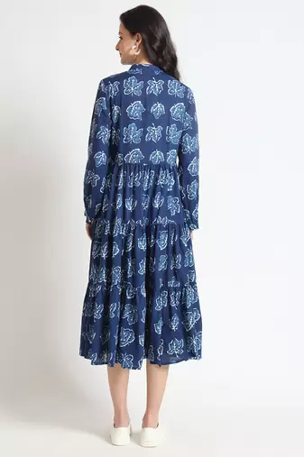 blue floral print cotton fabric flared dress