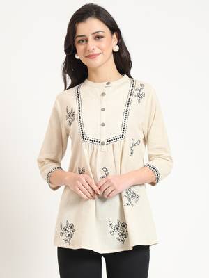 off white cotton round neck embroidery top 1