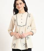 off white cotton round neck embroidery top