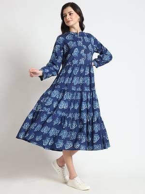 blue floral print cotton fabric flared dress 3