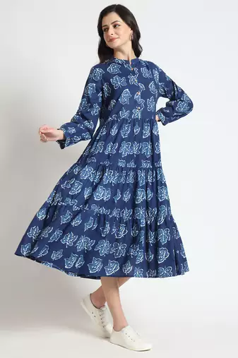 blue floral print cotton fabric flared dress