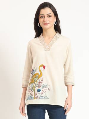off white cotton v-neck embroidery top 1