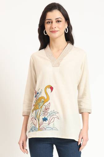 off white cotton v-neck embroidery top