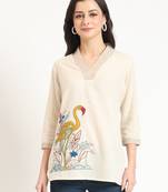 off white cotton v-neck embroidery top