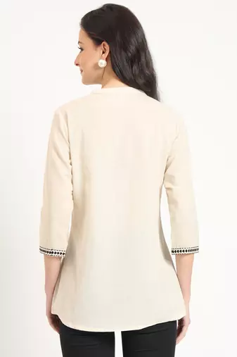off white cotton round neck embroidery top