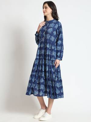 blue floral print cotton fabric flared dress 4