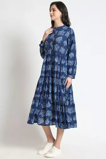 blue floral print cotton fabric flared dress
