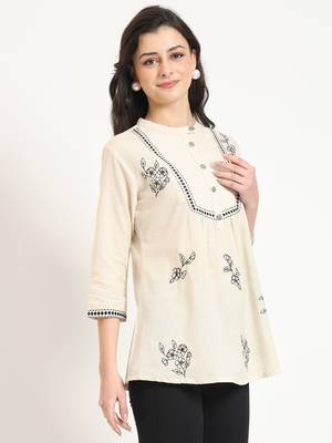 off white cotton round neck embroidery top 3