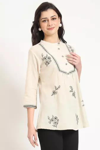 off white cotton round neck embroidery top
