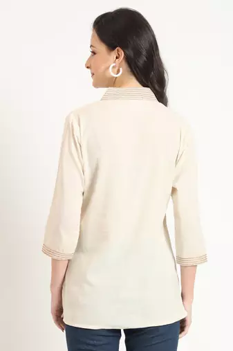 off white cotton v-neck embroidery top