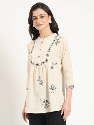 off white cotton round neck embroidery top 4