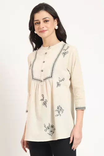 off white cotton round neck embroidery top