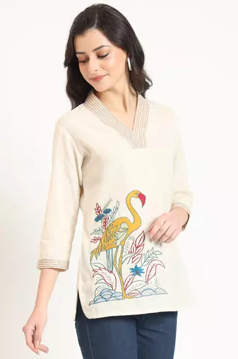 off white cotton v-neck embroidery top