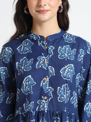 blue floral print cotton fabric flared dress 5