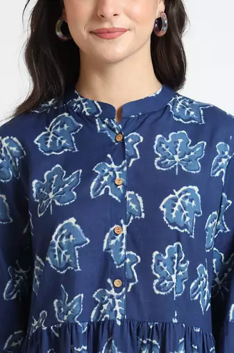 blue floral print cotton fabric flared dress