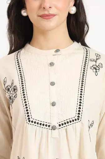 off white cotton round neck embroidery top