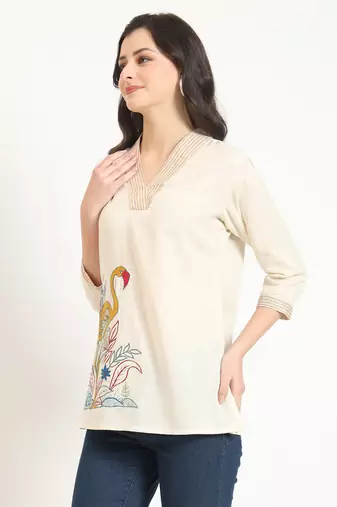 off white cotton v-neck embroidery top