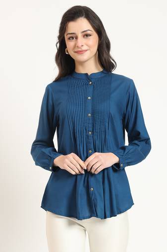 blue solid print rayon fabric straight top