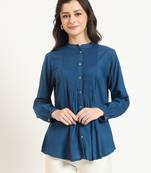 blue solid print rayon fabric straight top