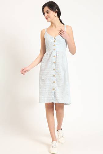 blue ethnic motif shoulder strip dress