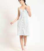 blue ethnic motif shoulder strip dress