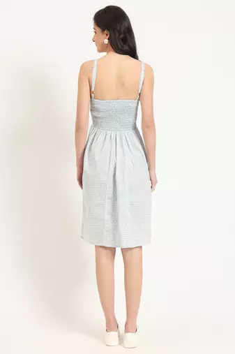 blue ethnic motif shoulder strip dress