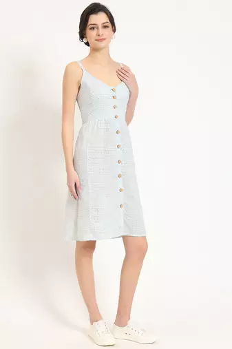 blue ethnic motif shoulder strip dress