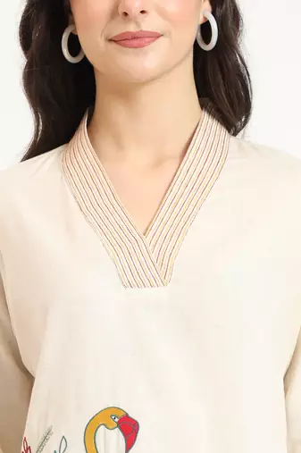 off white cotton v-neck embroidery top