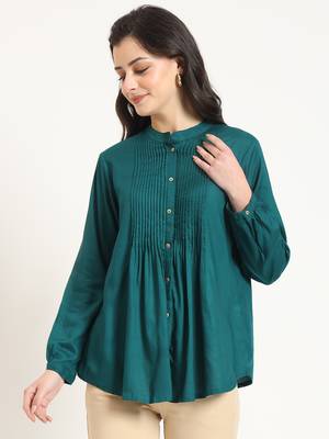 turquoise solid print rayon fabric straight top 1