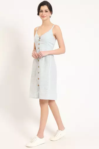 blue ethnic motif shoulder strip dress