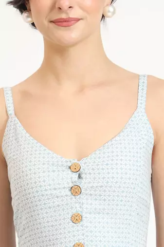 blue ethnic motif shoulder strip dress