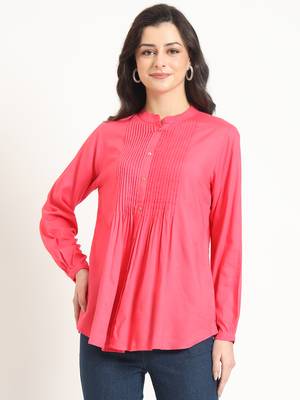 peach solid print rayon fabric straight top 1