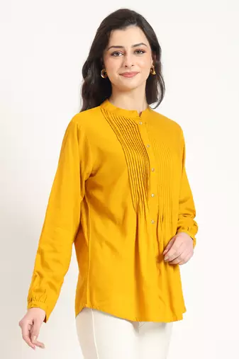 mustard solid print rayon fabric straight top