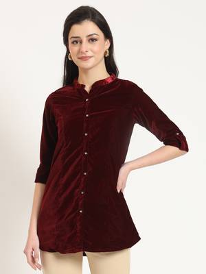 maroon solid print velvet straight top 1