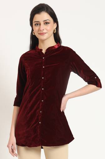 maroon solid print velvet straight top