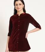 maroon solid print velvet straight top
