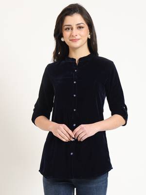 navy blue solid print velvet top 1